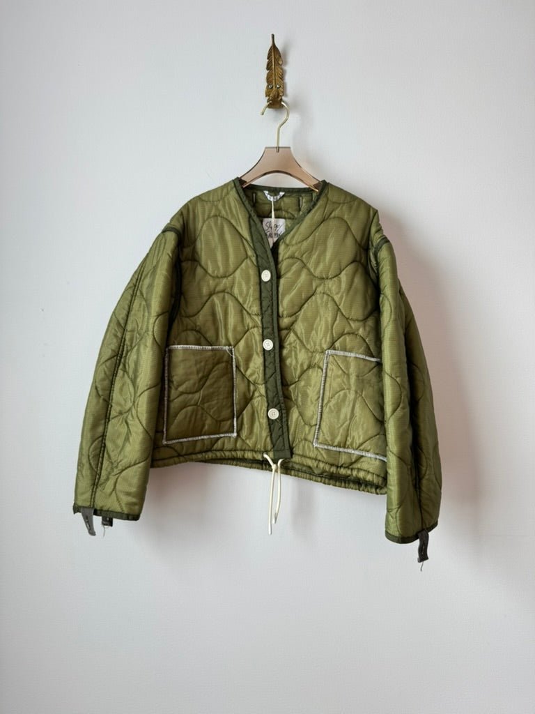 Light Olive Green Army Liner Quilted Coat w/ Patch Pockets & White Drawstring (Reworked) - Made X Hudson