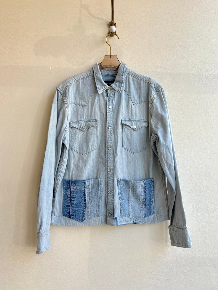 2 Quilted Star & Patched Pockets Light Denim Snap Shirtjacket (Reworked) - Made X Hudson