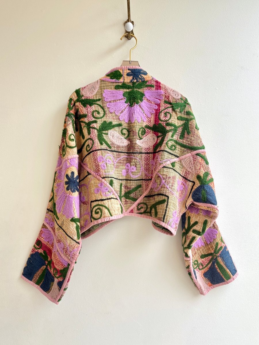 Reversible Kaira Suzani Quilted Cropped Jacket in Colors Green, Lavender, Orange & Blush, Blue, Green, Lavender - Made X Hudson
