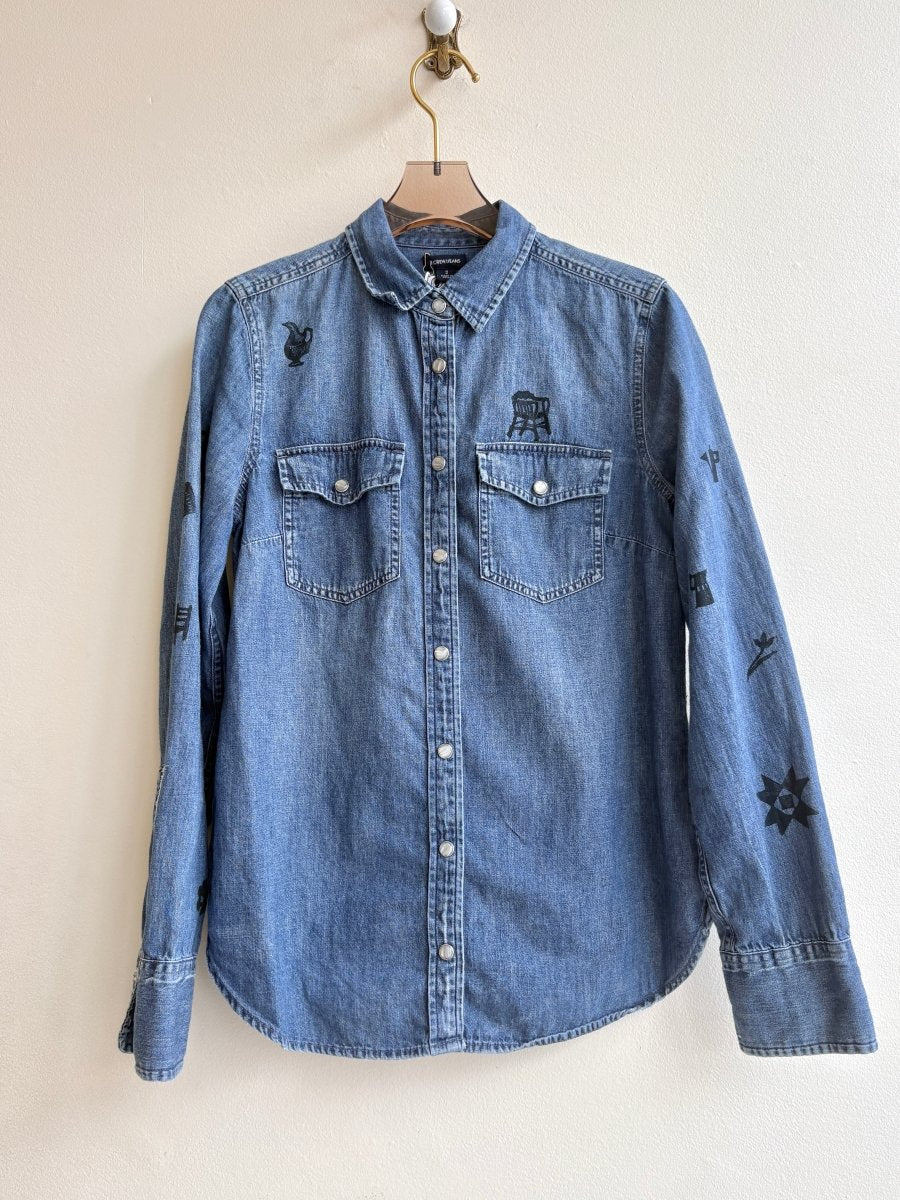 Tiny Print Blue Denim with Mother of Pearl Snaps in Black | Block Printed (Reworked) - Made X Hudson