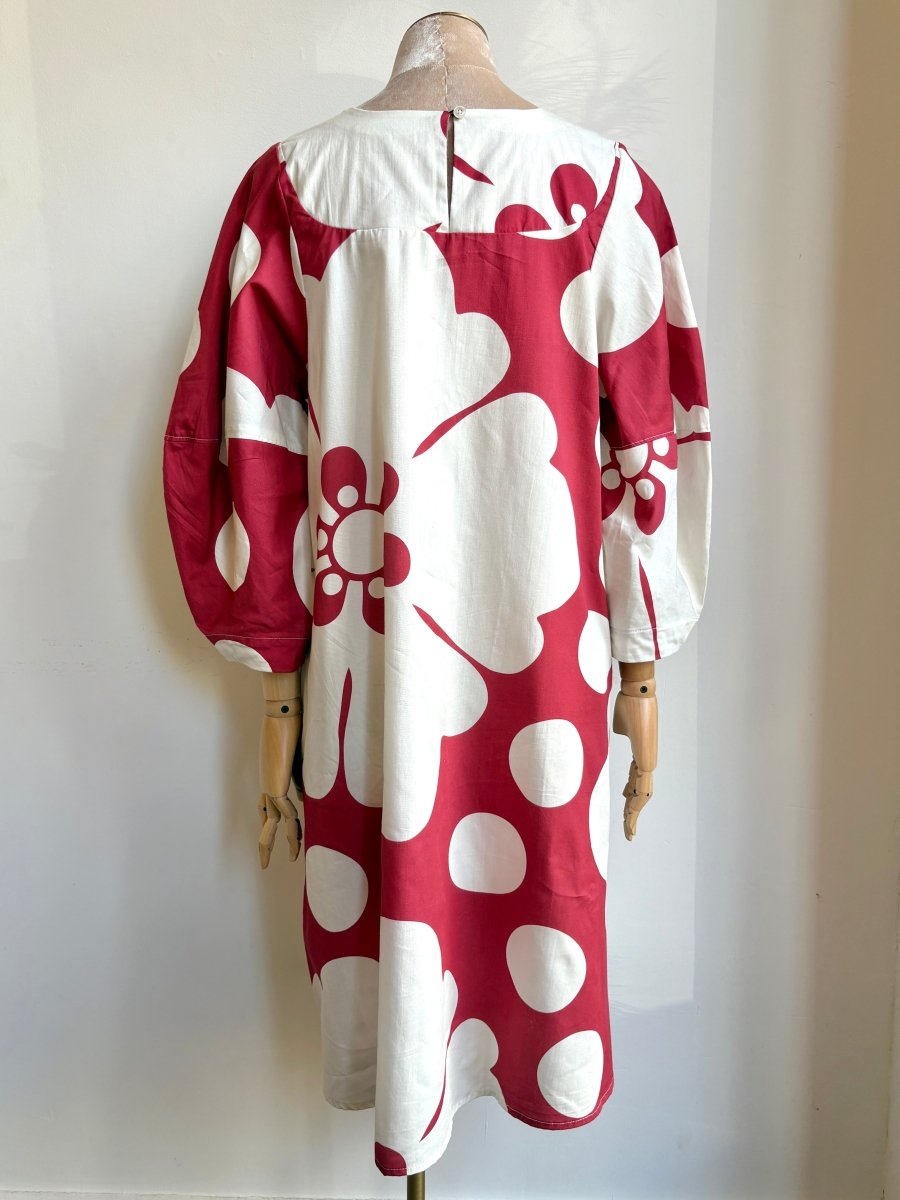 Red & White Floral Bib Dress w/ Balloon Sleeves - Made X Hudson