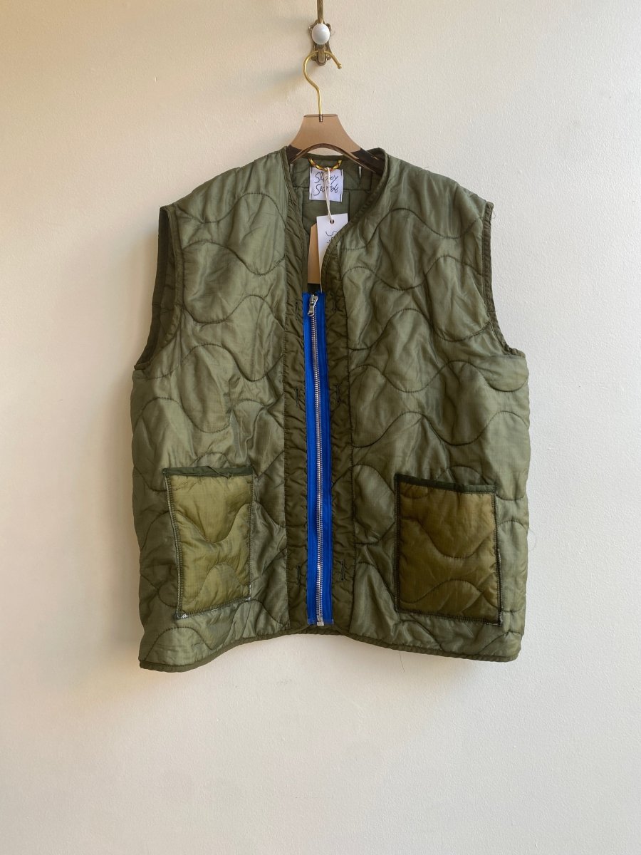 Olive Green Army Liner Quilted Vest w/ Blue Zipper (Reworked) - Made X Hudson