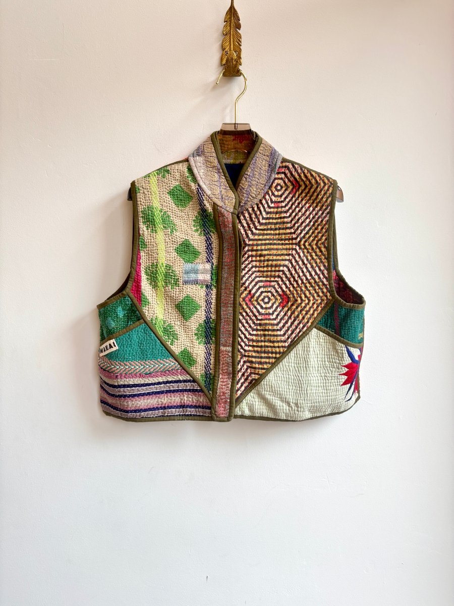 Reversible Kaira Quilted Cropped Vest in Colors Teal, Pink, Blue & Multi Patchwork - Made X Hudson