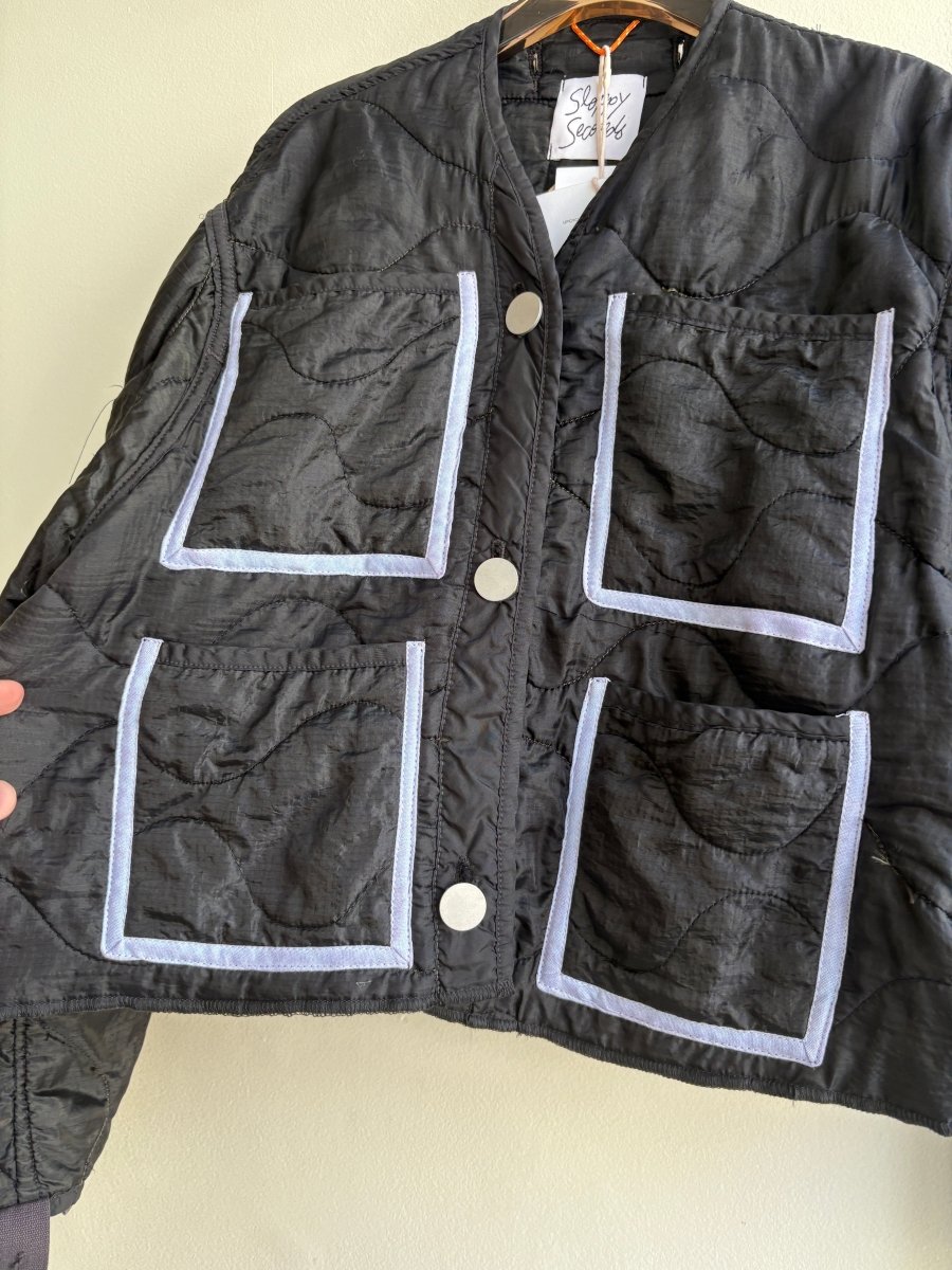 Black Army Liner Quilted Coat w/ Blue Patch Pockets (Reworked) - Made X Hudson