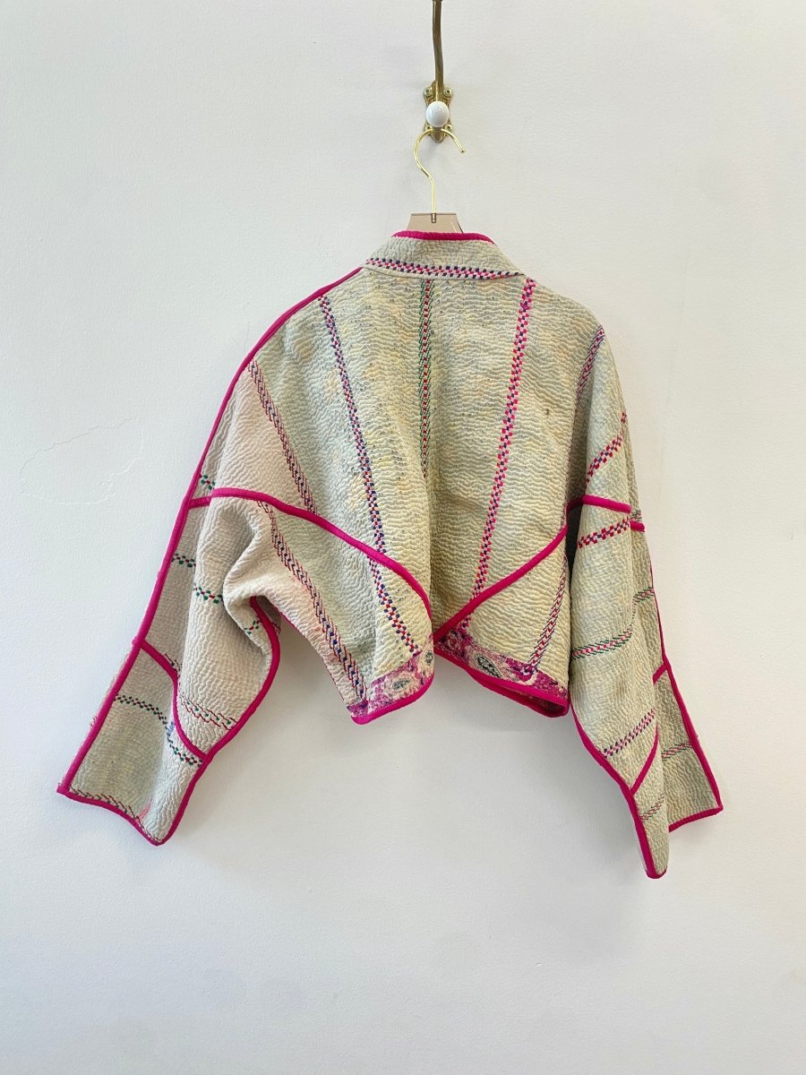 Reversible Kaira Quilted Cropped Jacket in Colors Hot Pink w/ Green, Red, Purple Embroidered Stripes & Beige w/ Purple, Red, Green, Hot Pink Embroidered Stripes - Made X Hudson