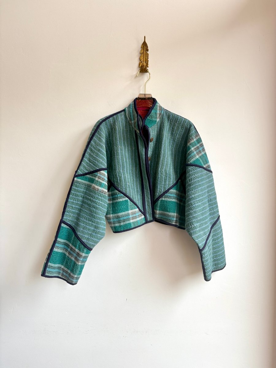 Reversible Kaira Quilted Cropped Jacket in Colors Green, Blue, White & Red, Blue, Pink, Green, Yellow - Made X Hudson