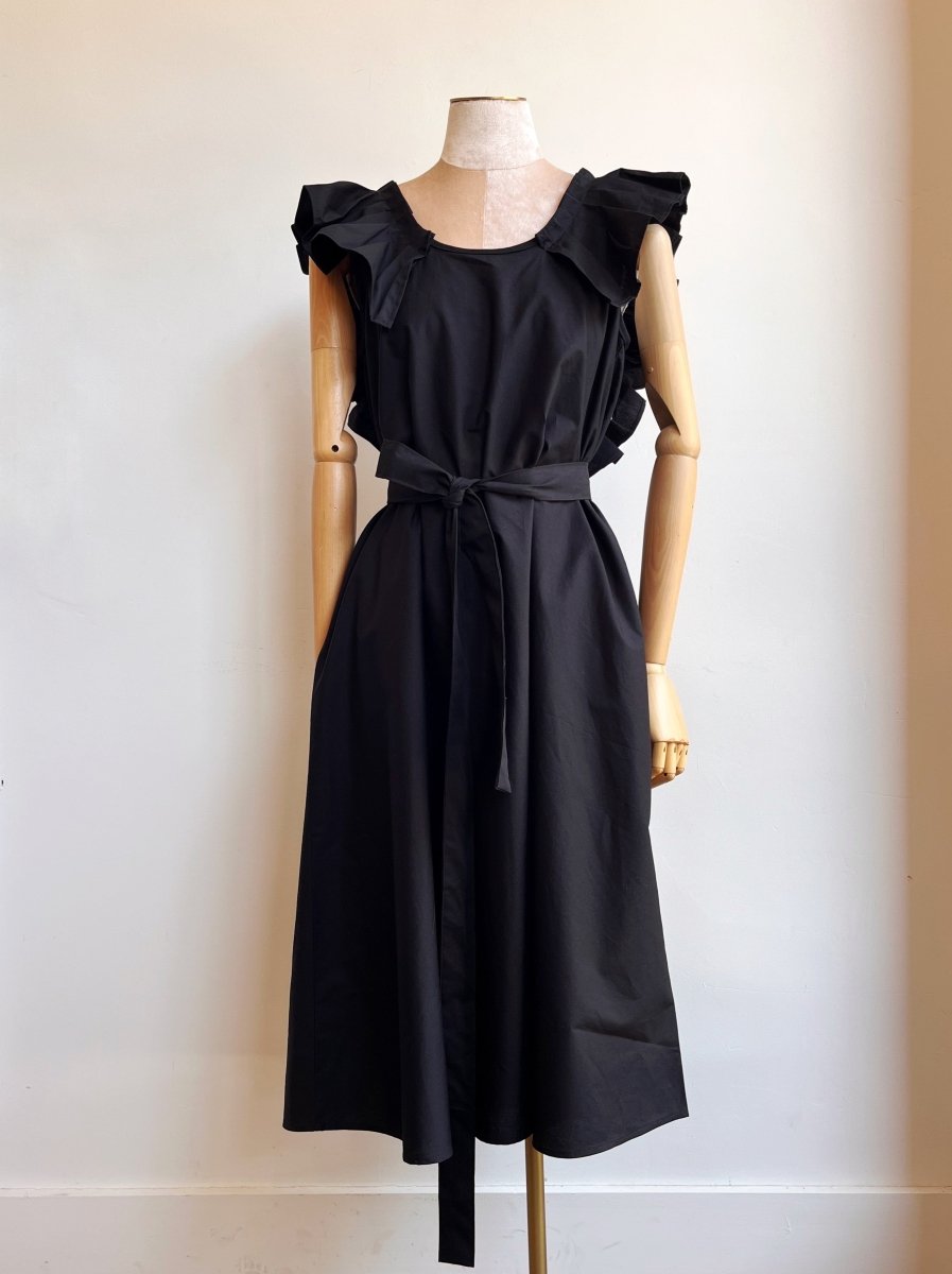 Black Sleeveless Keyhole Back Ruffle Dress w/ Belt - Made X Hudson