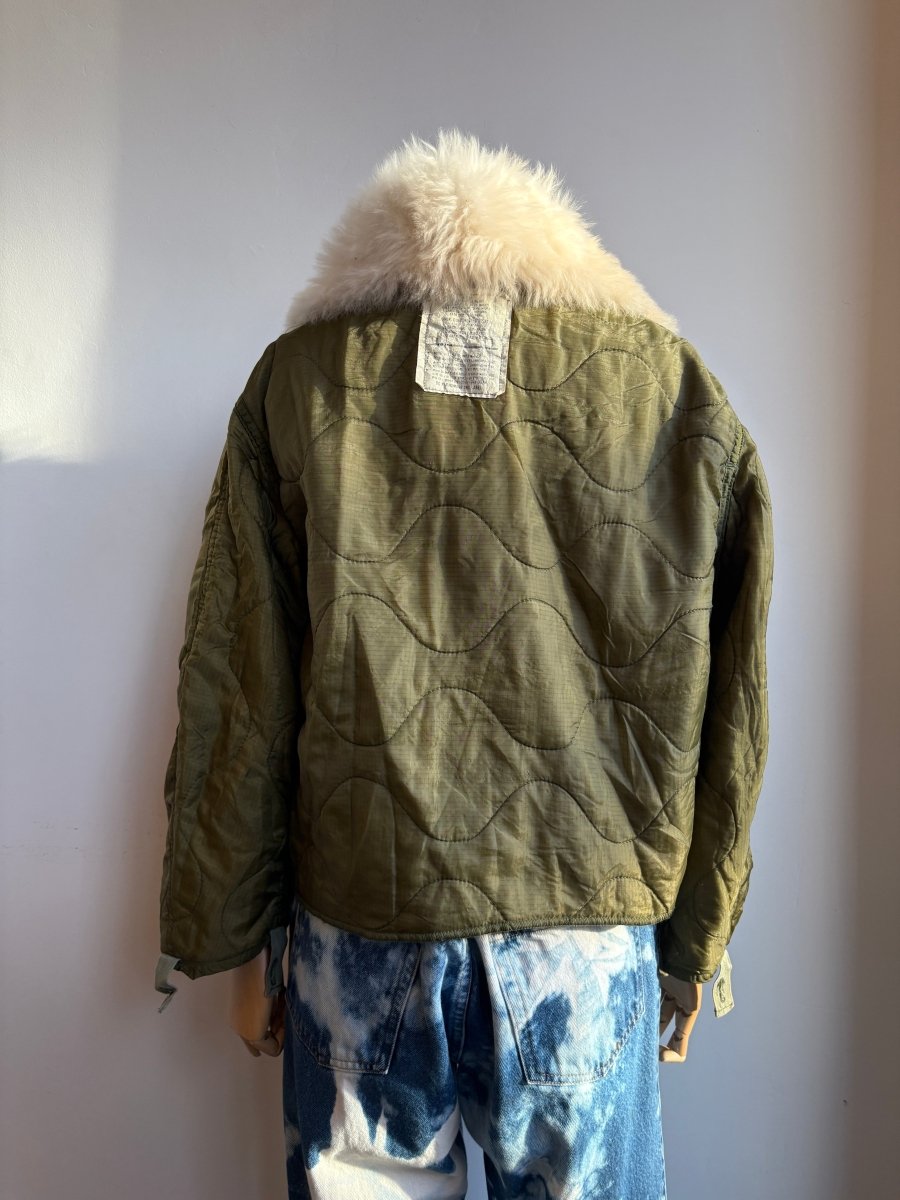 Olive Army Liner Quilted Coat w/ Cream Alpaca Fur Collar & Twill Tape Tie Closure (Reworked) - Made X Hudson