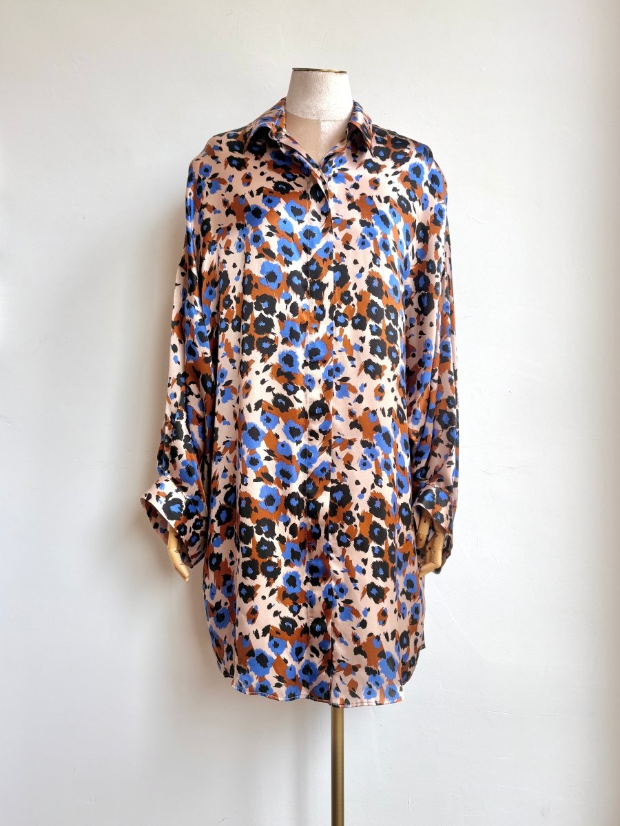 Silk Button Down Long Shirt in Soft Pink, Rust, Cobalt, and Black Floral Print - Made X Hudson