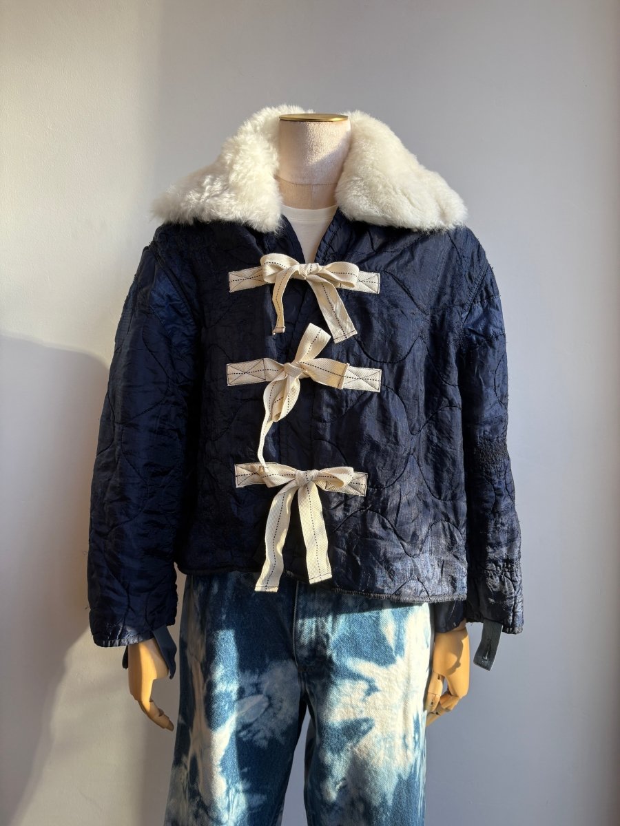 Navy Army Liner Quilted Coat w/ White Alpaca Fur Collar & Twill Tape Ties (Reworked) - Made X Hudson