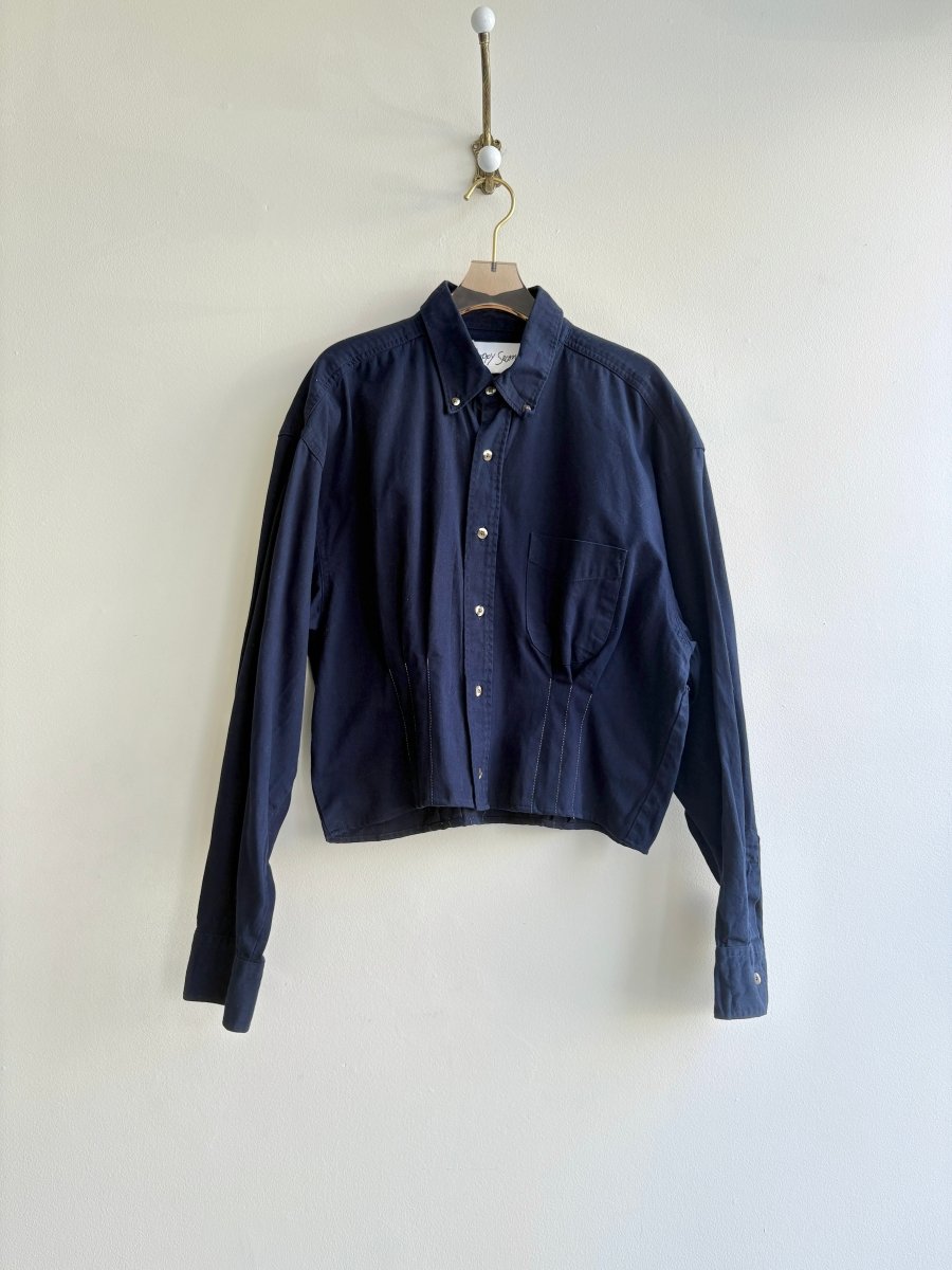 The Kevin Top | Deep Navy Blue Button Down Top w/ Gathered Waist (Reworked) - Made X Hudson