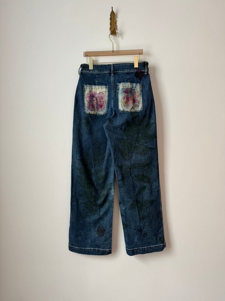 Pink Flower Pockets w/ Leaves Eco Printed & Hand Drawn Dark Denim Pants (Reworked) - Made X Hudson