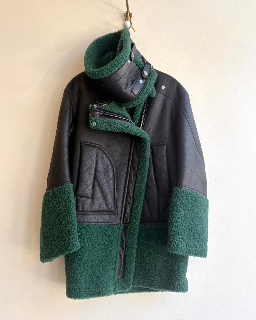 Kenzo Paris | Emerald Sherpa and Black Asymmetric Zip Leather Jacket - Made X Hudson