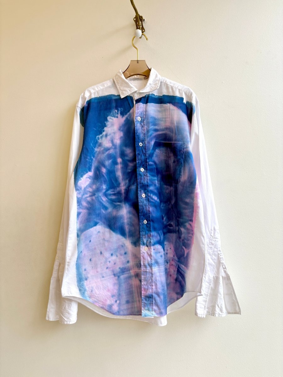 White Stripe Dolly Parton and Kitten Blue & Pink Cyanotype Button - Up Shirt (Reworked) - Made X Hudson