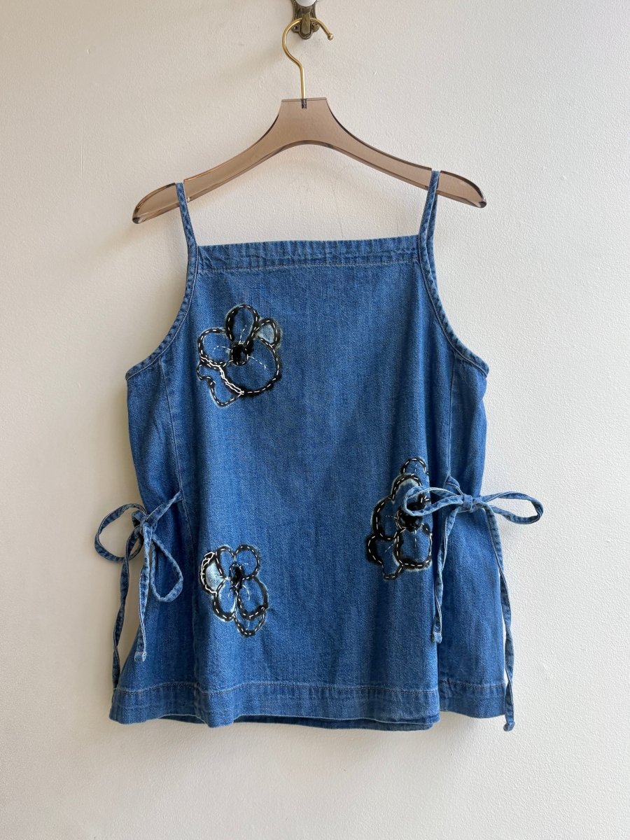 Black and White Stitched Flower Denim Tank | Hand Painted (Reworked) - Made X Hudson