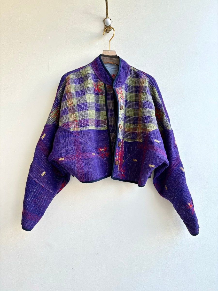 Reversible Kaira Quilted Cropped Jacket in Colors in Sky Blue and Red & Purple, Green, Red, Maroon and Gold - Made X Hudson