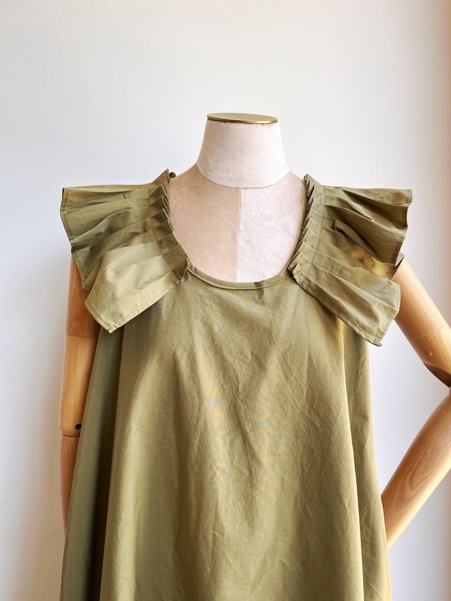 Olive Green Sleeveless Keyhole Back Ruffle Dress w/ Belt - Made X Hudson