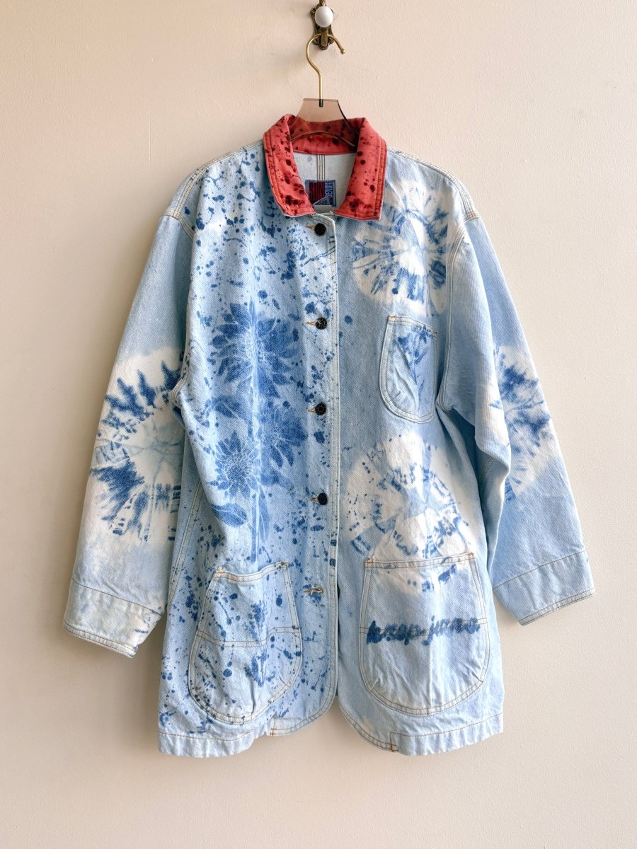 "Zinnia" Distressed Denim Jacket with Flowers and Orange Collar (Reworked) - Made X Hudson