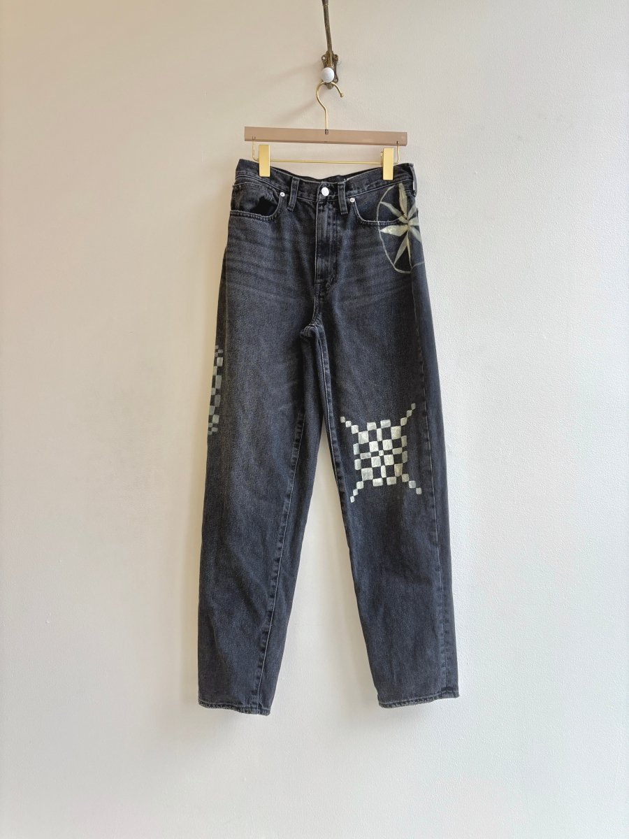 Quilt and Folk Motif Black Jeans | Hand Painted (Reworked) - Made X Hudson
