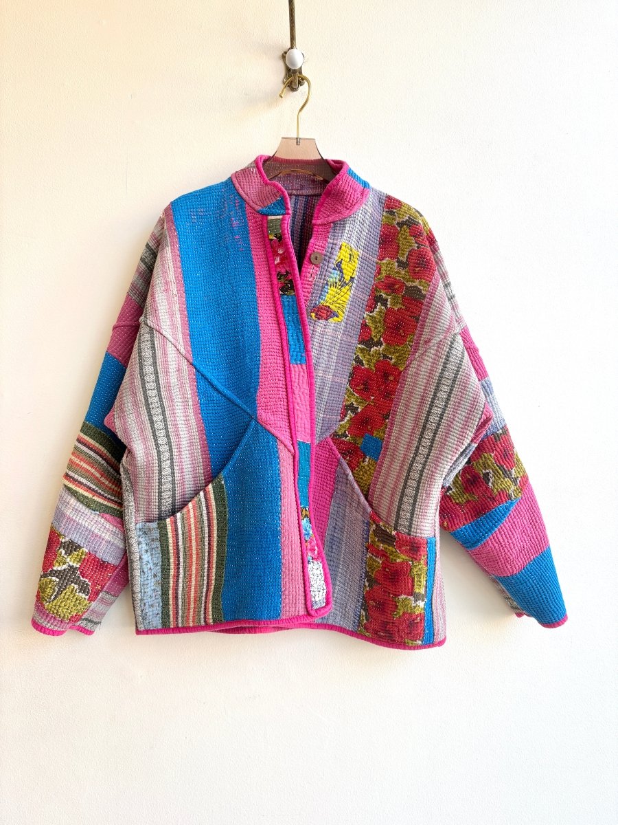Reversible Ladhiya Quilted Jacket in Color Pink, Teal Plaid & Pink, Blue, Red Flower - Made X Hudson