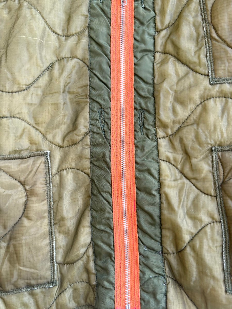 Olive Green Army Liner Quilted Vest w/ Orange Zipper & Pockets (Reworked) - Made X Hudson