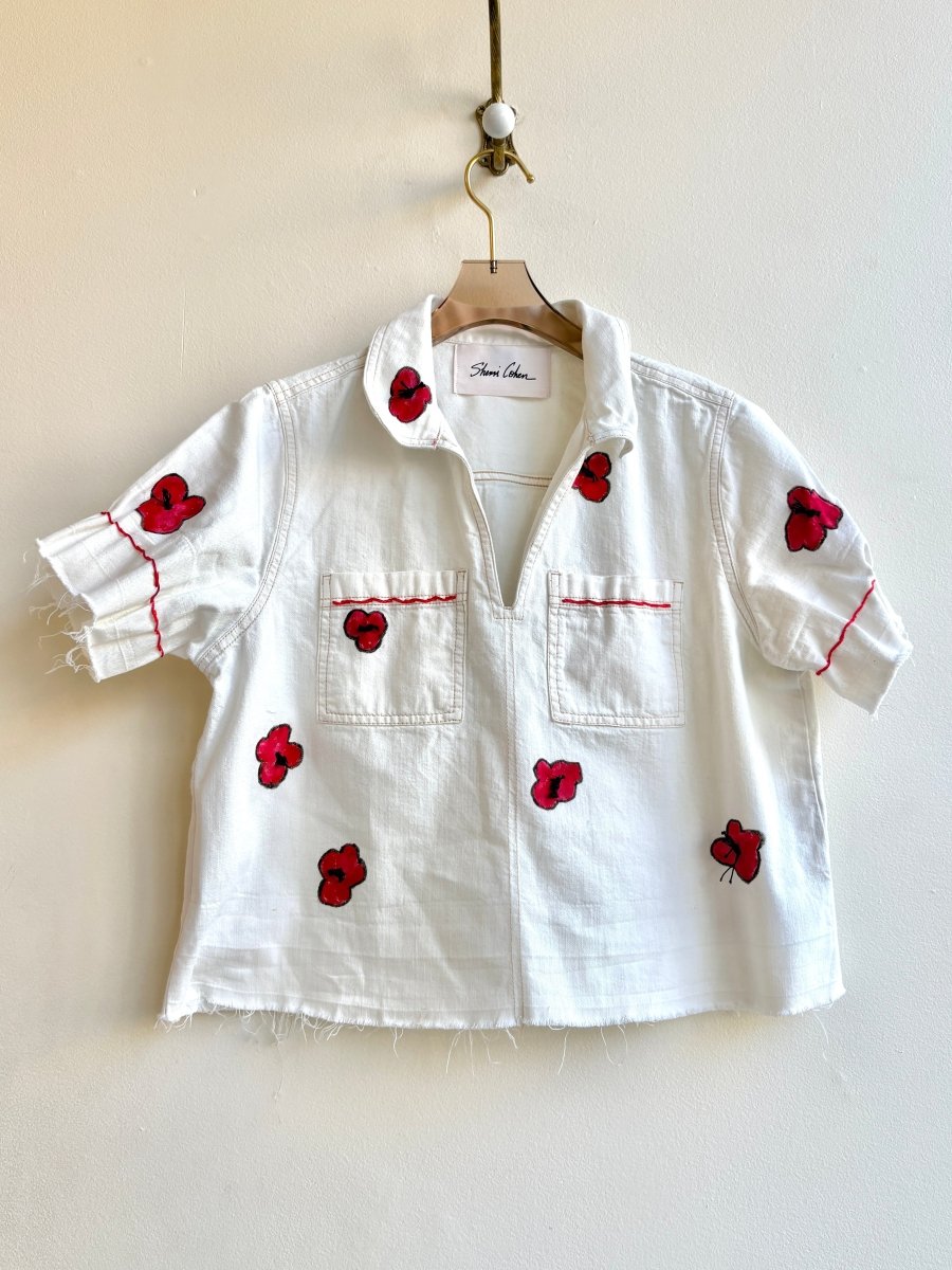 White Denim with Red Flowers Embroidered Short Sleeve Top (Reworked) - Made X Hudson