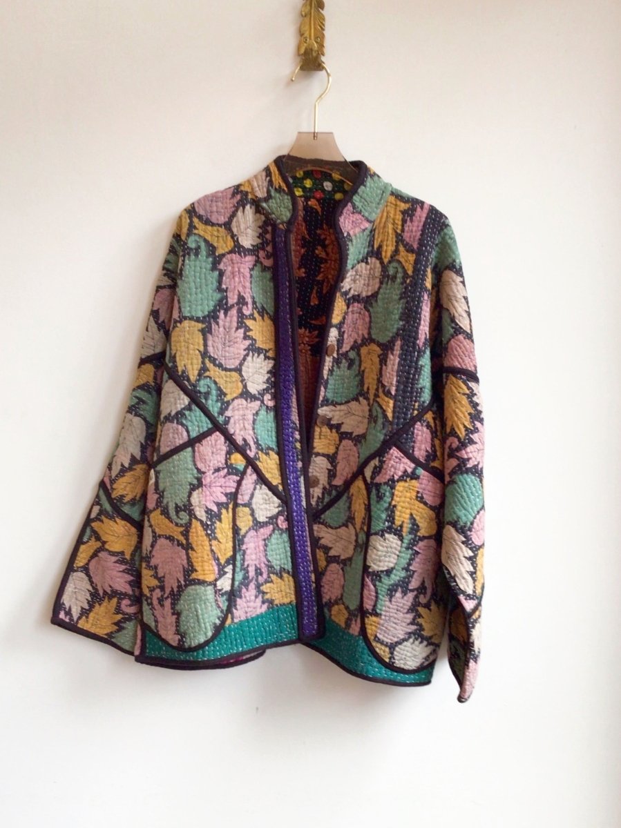 Reversible Ladhiya Quilted Jacket in Colors Mustard, Tan, Blush, Light Teal Leaf Pattern & Pink, Orange, Black, Blue, Brown - Made X Hudson