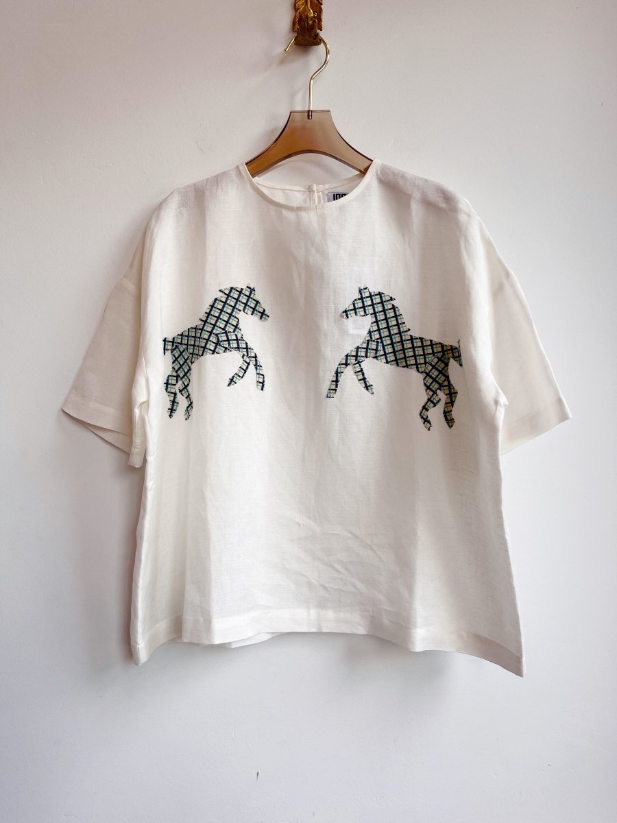 Hand - Appliqued Plaid Ponies on Cotton Top - Made X Hudson