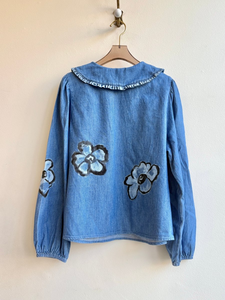 Blue Denim & Black Floral Painted Collared Top (Reworked) - Made X Hudson