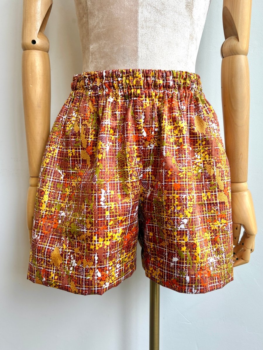 Yellow, Carmel, & Green Retro Splattered Grid Town Shorts - Made X Hudson
