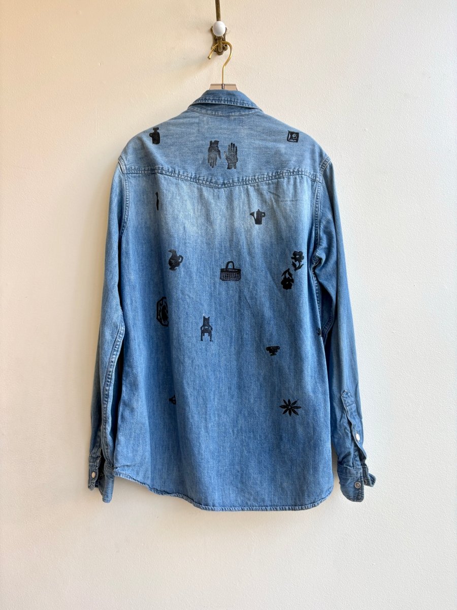 Tiny Print Blue Cowboy Denim with White Snaps in Black | Block Printed (Reworked) - Made X Hudson