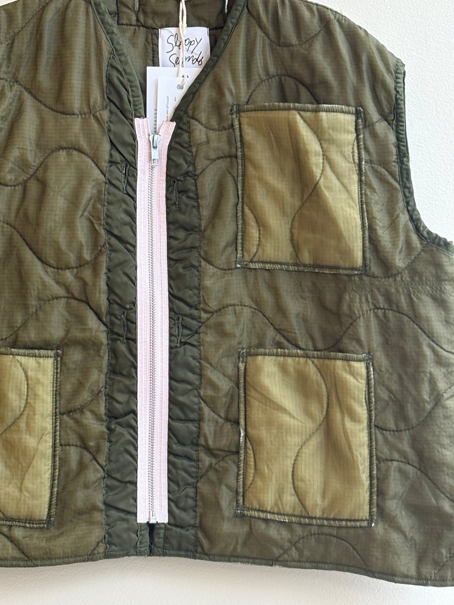 Dark Olive Green Army Liner Quilted Vest w/ Offset Pink Zipper & Pockets (Reworked) - Made X Hudson