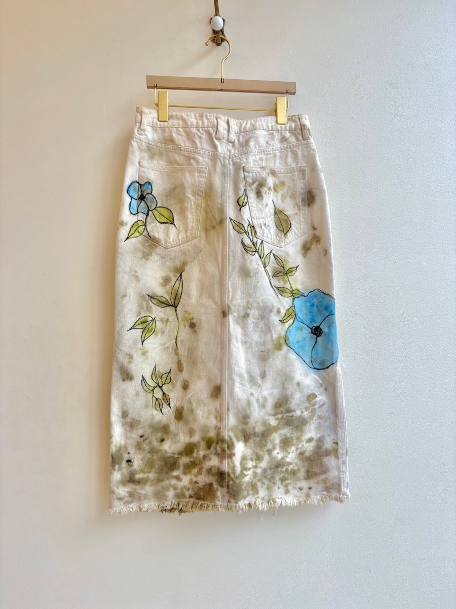 "Rosemary" Eco-Printed and Hand Drawn White Denim Skirt (Reworked) - Made X Hudson
