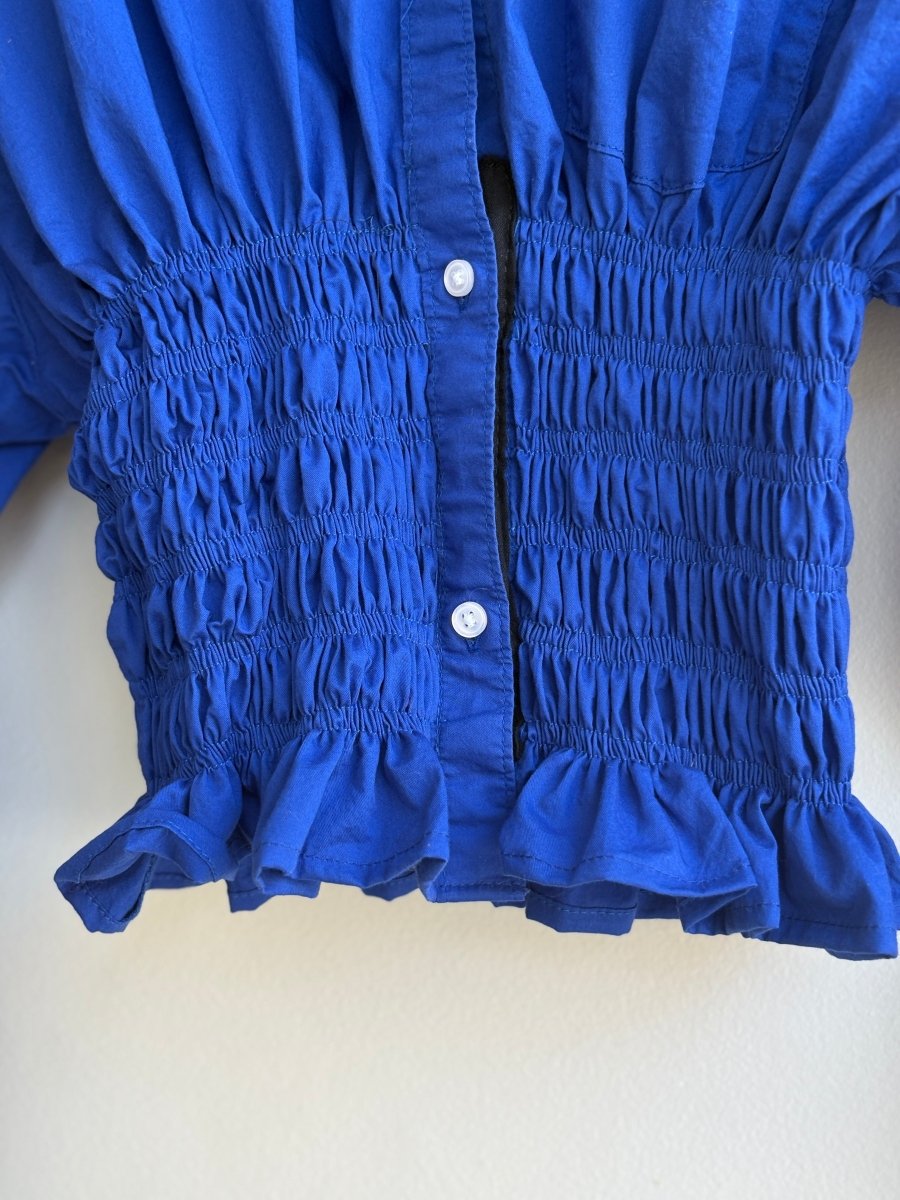 The George Top | Electric Blue Button Down Top w/ Smocked Waist (Reworked) - Made X Hudson