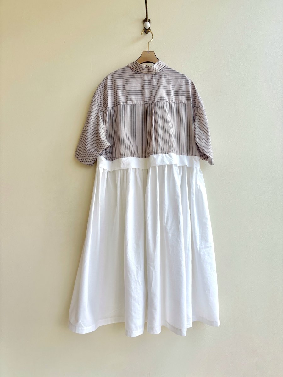 Empire Shirtwaist Dress in Blush, Navy, White & Tan Stripe & White w/ Short Sleeves (Reworked) - Made X Hudson