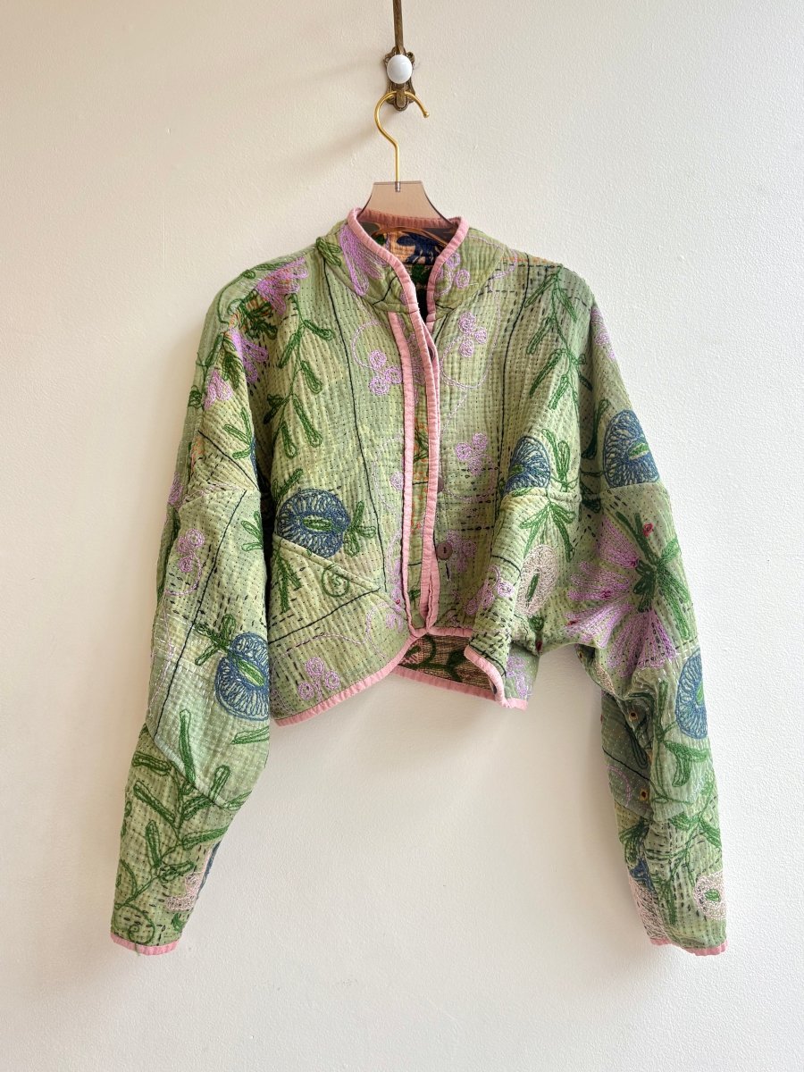 Reversible Kaira Suzani Quilted Cropped Jacket in Colors Green, Lavender, Orange & Blush, Blue, Green, Lavender - Made X Hudson