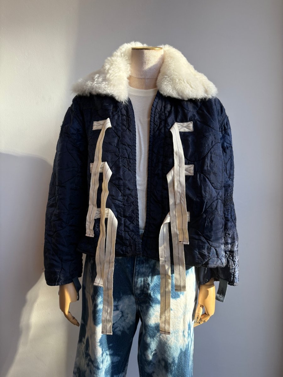 Navy Army Liner Quilted Coat w/ White Alpaca Fur Collar & Twill Tape Ties (Reworked) - Made X Hudson