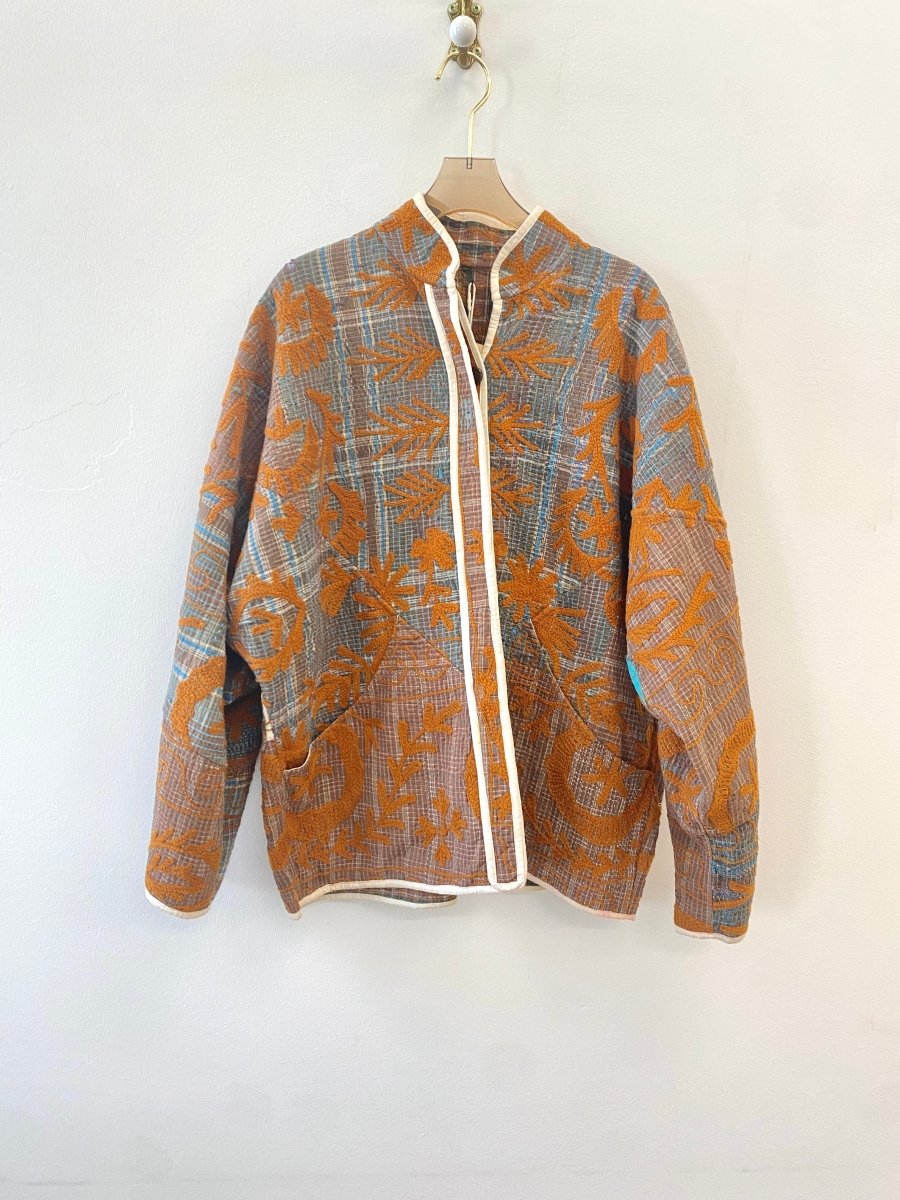 Reversible Ladhiya Quilted Jacket in Blue, Brown w/ Orange Floral Embroidery & Green, Brown Plaid w/ Orange Floral Embroidery - Made X Hudson