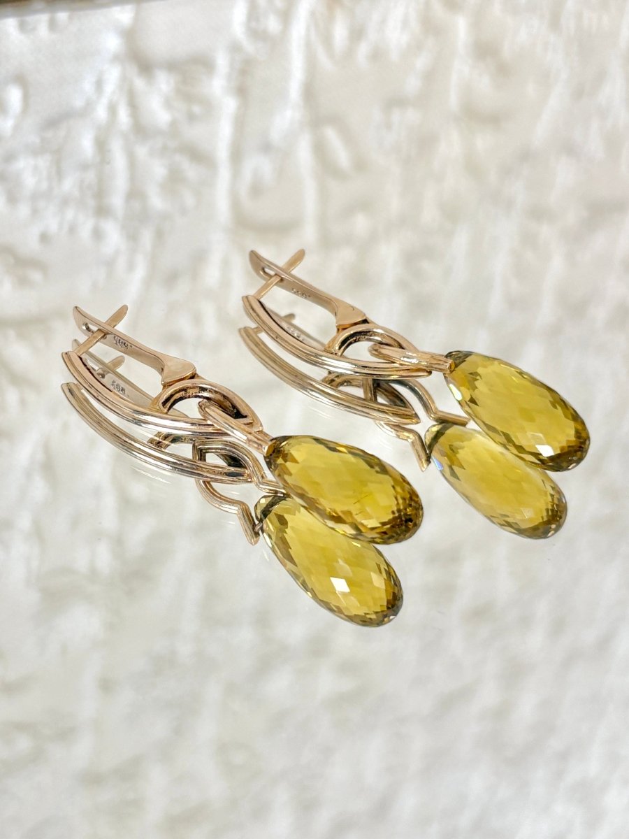 14K Gold & Lemon Quartz Stone Dangle Macaroni Earrings - Made X Hudson