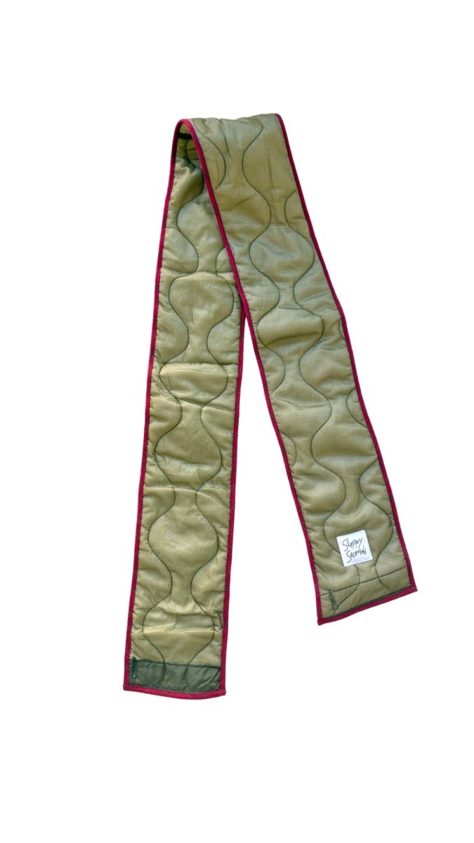 Light Olive Green Army Liner Quilted Scarf w/ Red Bias Accent (Reworked) - Made X Hudson