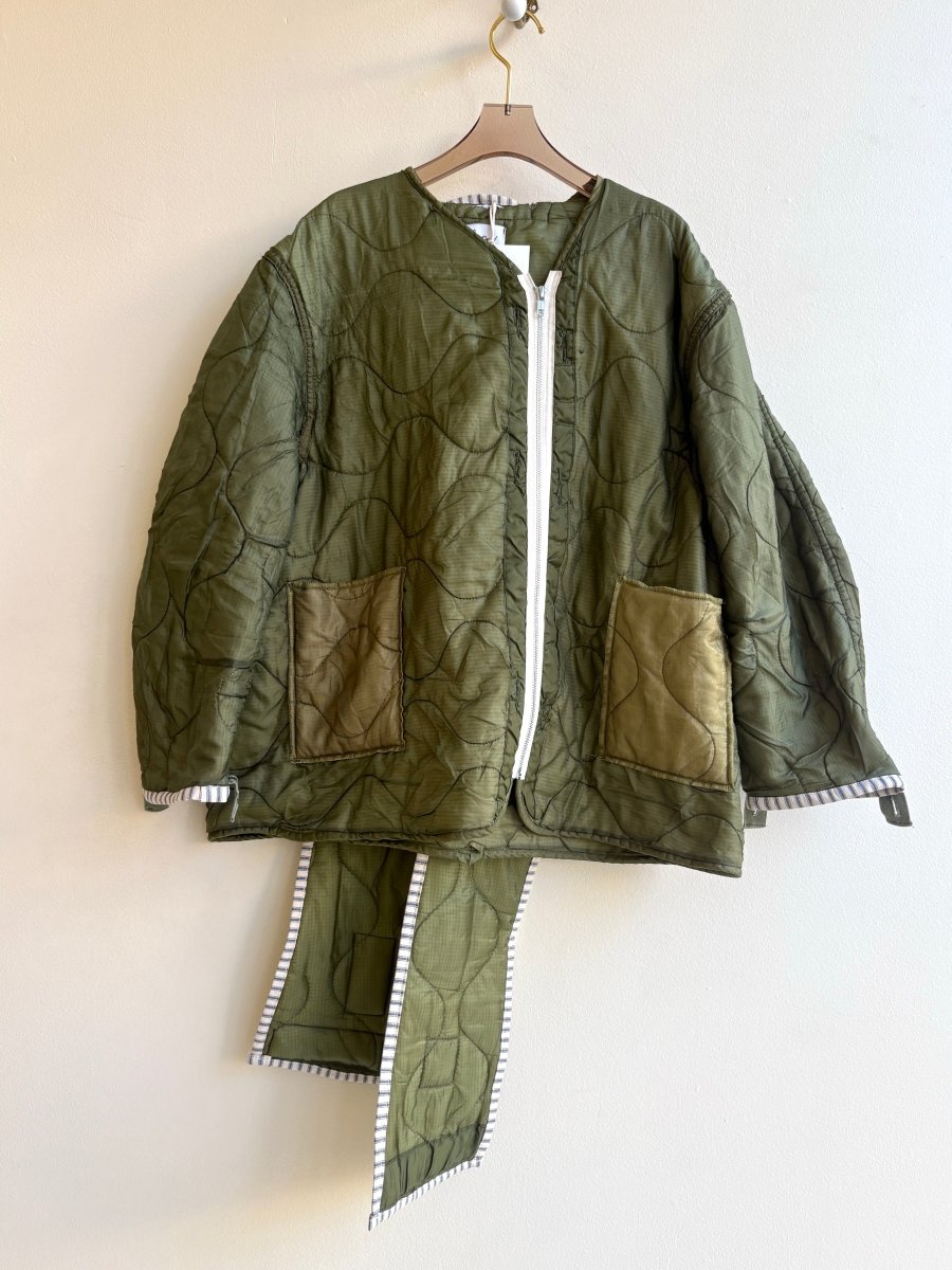 Dark Olive Green Army Liner Quilted Coat w/ Dark Olive Scarf & Cream Zipper (Reworked) - Made X Hudson