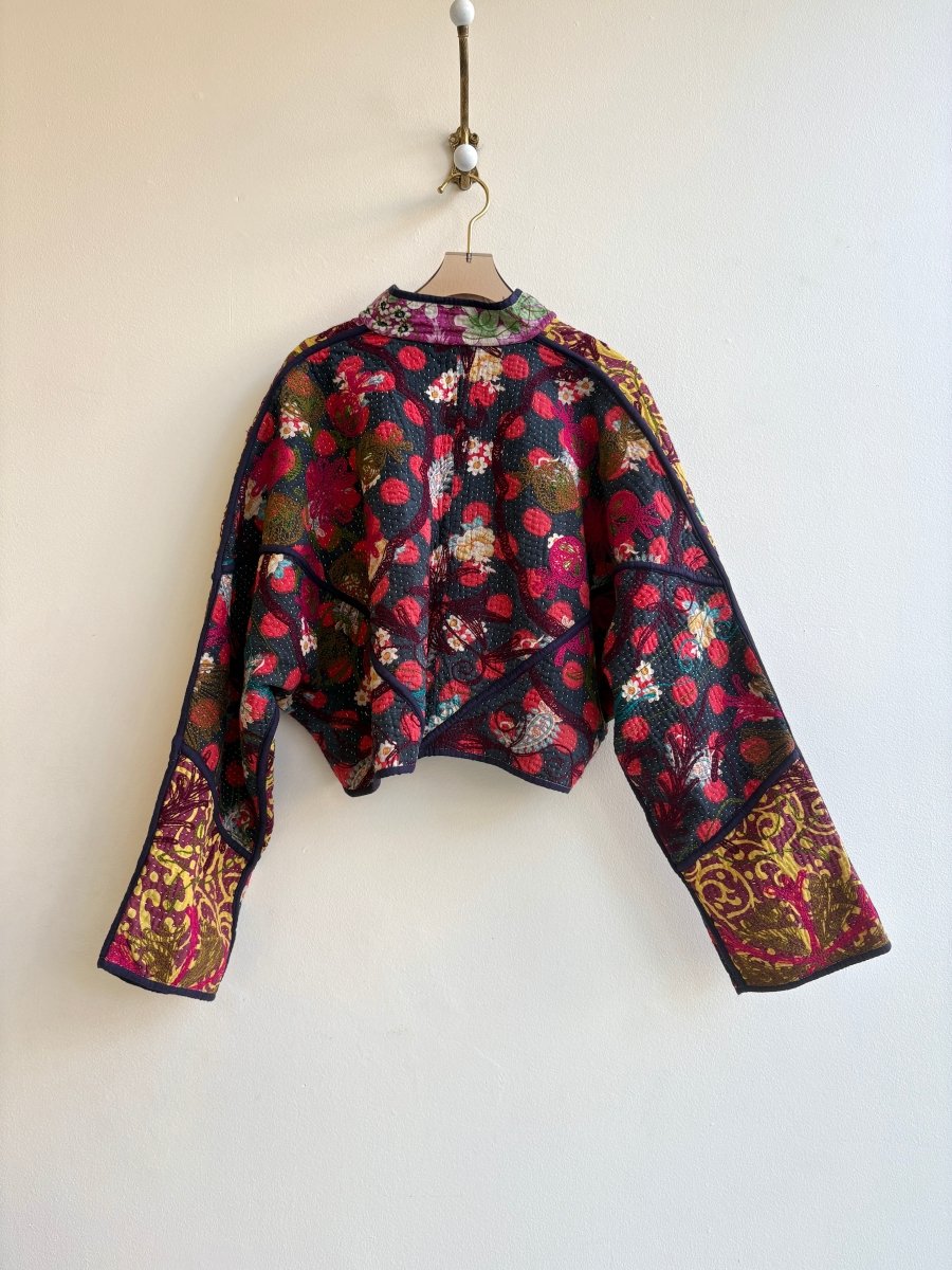 Reversible Suzani Quilted Cropped Jacket in Colors Green, Purple, Burgundy, Mustard & Sky Blue, Grey, Purple, Hot Pink - Made X Hudson