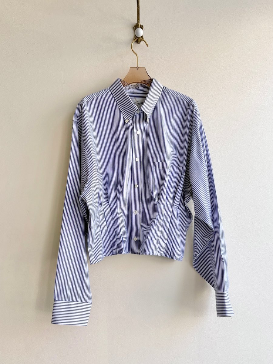 The Kevin Top | Blue & White Pinstripe Button Down Top w/ Gathered Waist (Reworked) - Made X Hudson