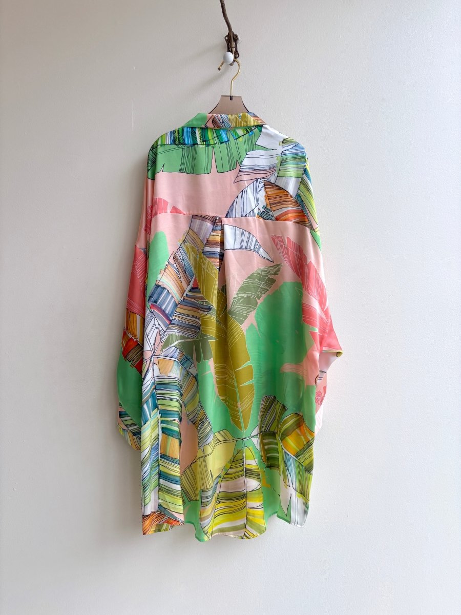 Silk Button Down Long Shirt in Lime and Pink Tropical Leaf Print - Made X Hudson