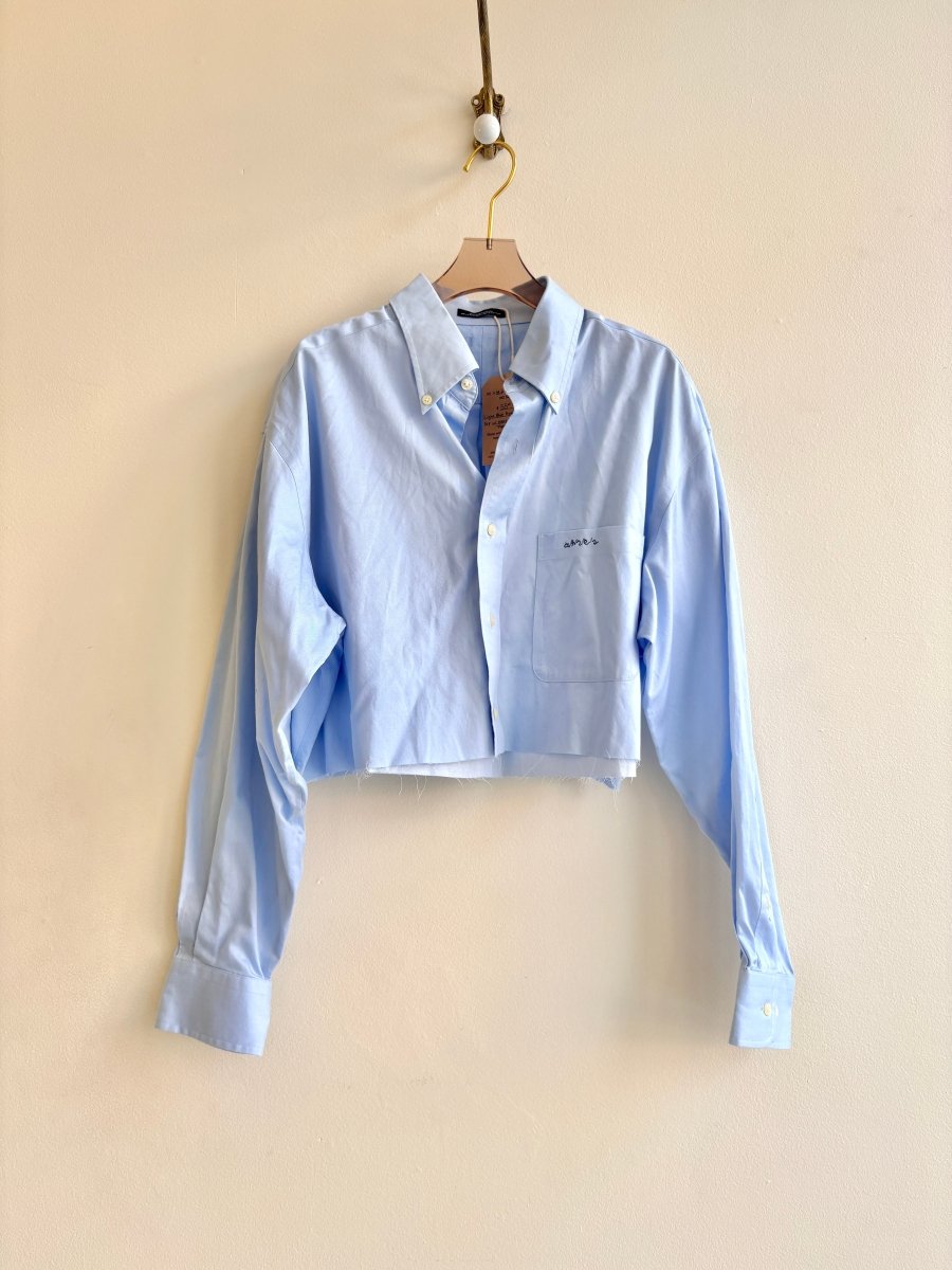 Light Blue Annette Crop Top w/ Navy Embroidered “Apres” (Reworked) - Made X Hudson