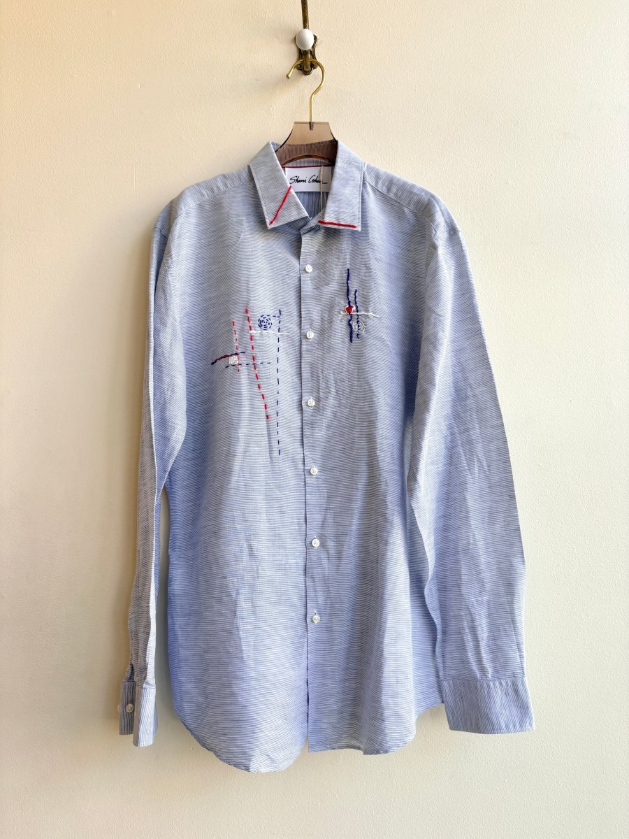 Cherry Red, White, and Cobalt | Embroidered Micro Striped Blue Button Down (Reworked) - Made X Hudson