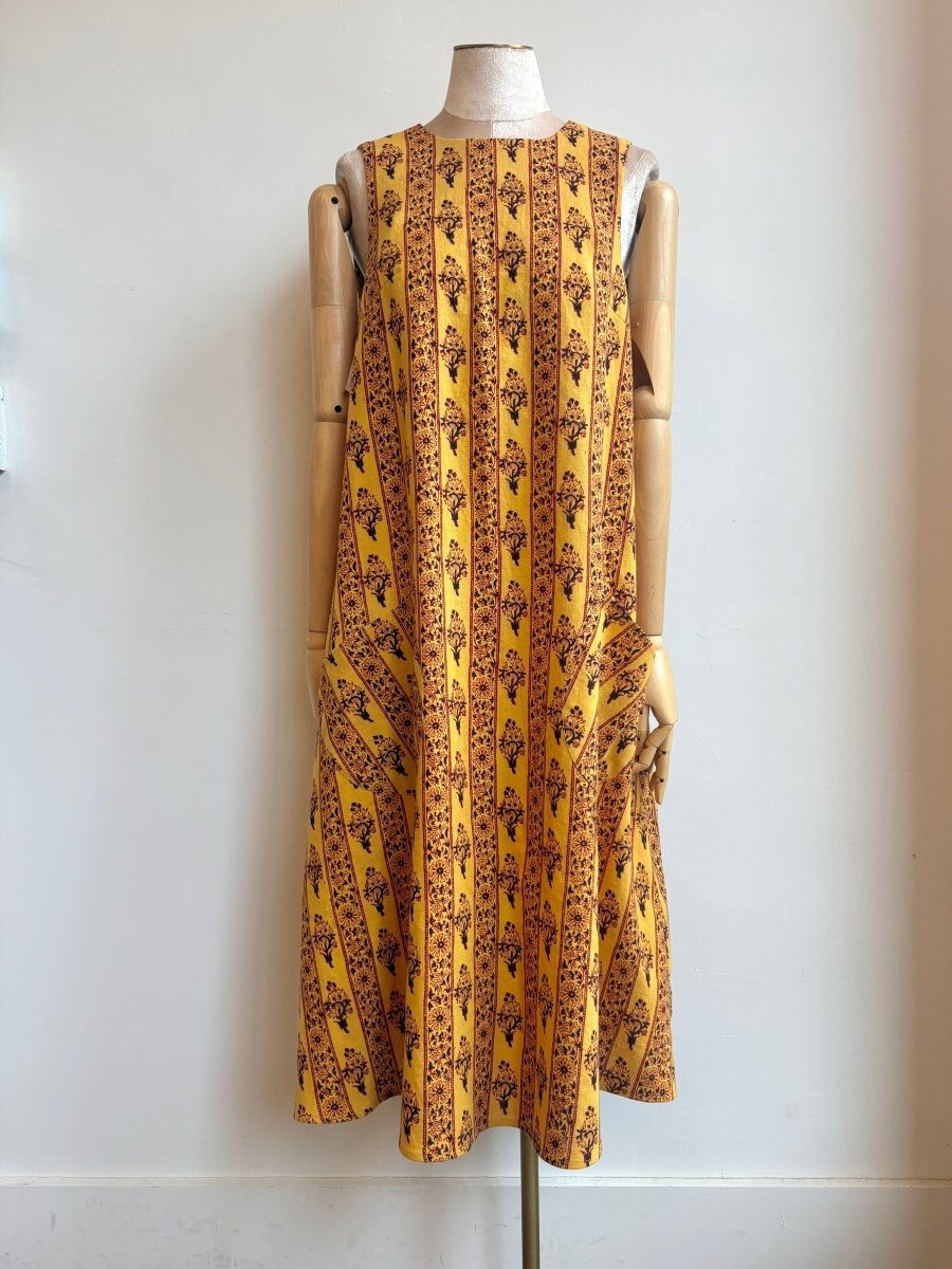 Maroon & Black Floral Stripe Golden Yellow Chore Dress w/ Patch Pockets - Made X Hudson