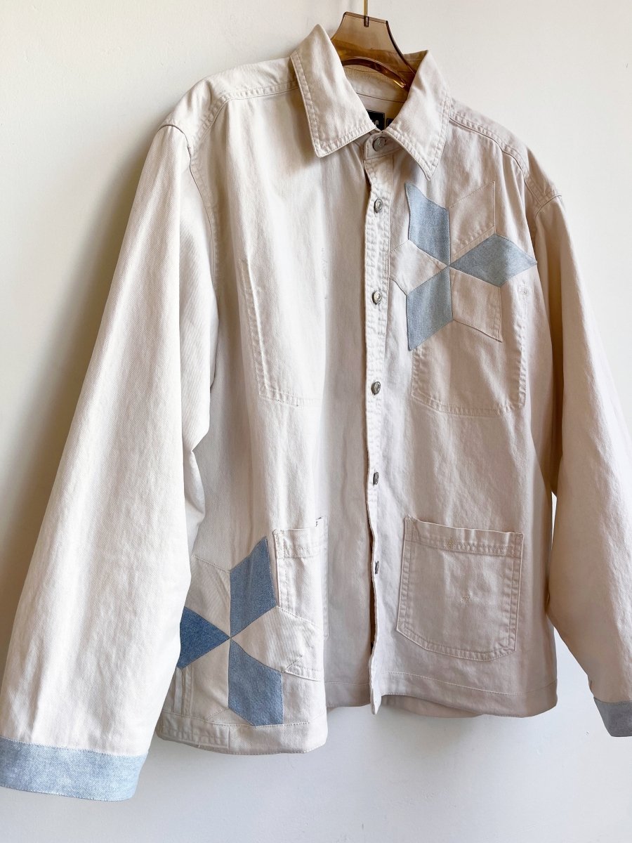 Button Front White Denim Shirtjacket w/ White & Blue Lemoyne Stars (Reworked) - Made X Hudson