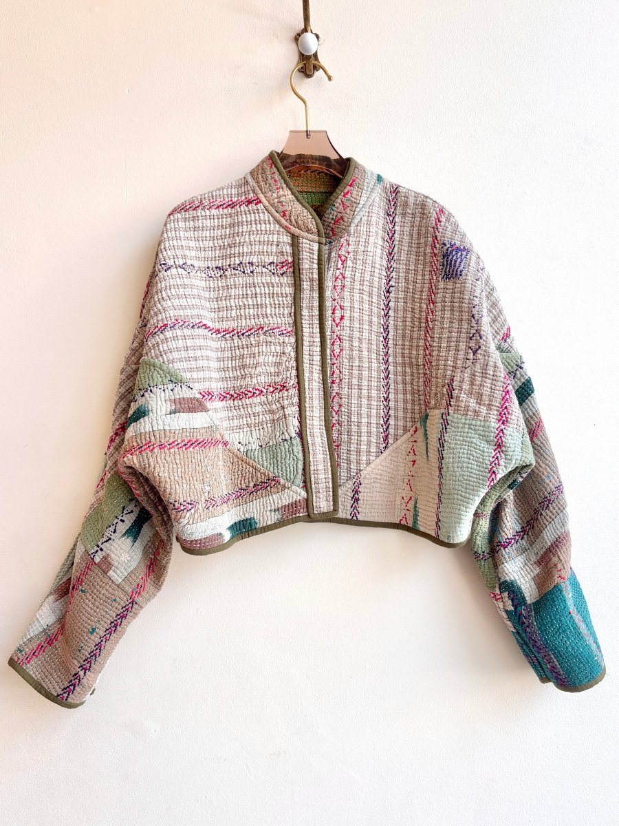 Reversible Kaira Quilted Cropped Jacket in Colors Cream Stripe, Olive, Sage & Grass Green, Red and Blue Stripes - Made X Hudson