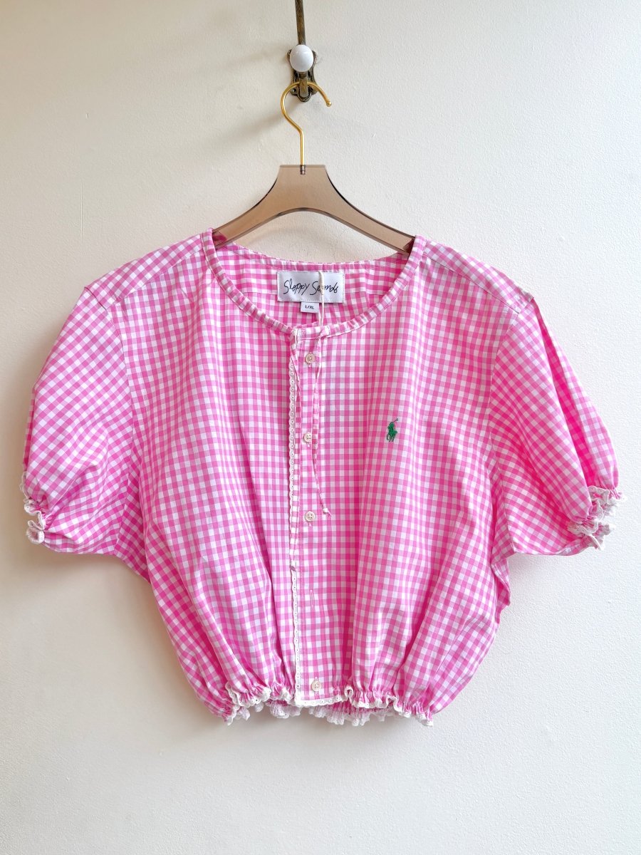 The Henry Top | Bubblegum Pink Gingham Cap Sleeve w/ Smocked Waist & Eyelet Trim (Reworked) - Made X Hudson